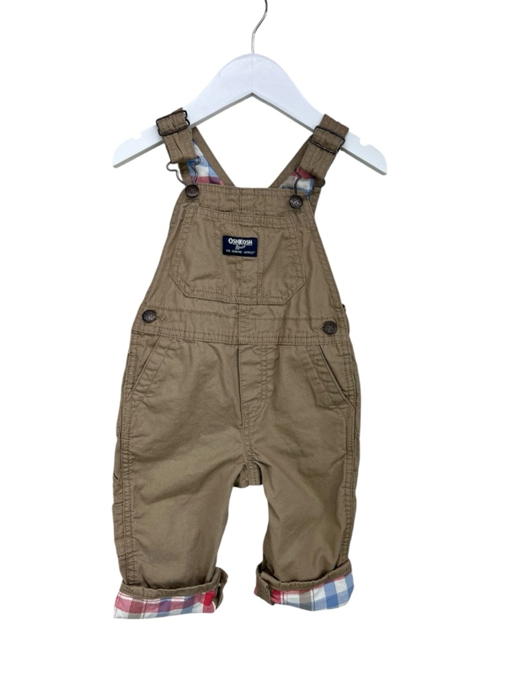 Oshkosh Khaki Plaid Lined Overalls Size 12 months